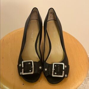 Nine West Black Peep Toe Heels with Silver Buckle